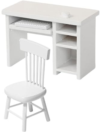 Juego de escritorio y silla de casa de muñecas a escala 1:12, muebles de oficina de estudio de madera en miniatura con teclado