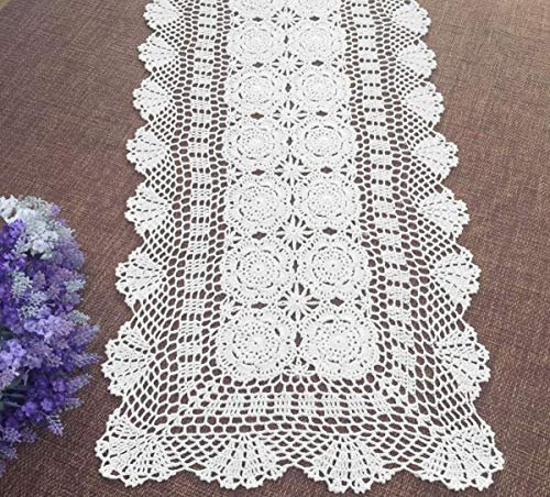 Damanni Runner rettangolare in cotone fatto a mano all'uncinetto, centrini per comò e sciarpe per camera da letto, 40,6 x 68,6 cm, bianco