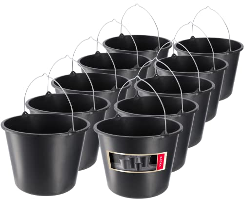 KADAX Lot de 10 seaux de construction, 12 l, en plastique, pour jardin, chantier, noir, robuste, seaux à ciment, à mortier, seaux de nettoyage, seaux de maçon