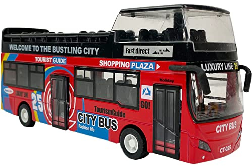 Liberty Imports 1:32 Scale Die Cast Sightseeing Tour Bus Toy Pull Back Vehicles | Mini Double Decker Tourist Open Top Bus Model Car | Pullback Action Toys with Lights and Music (Red)