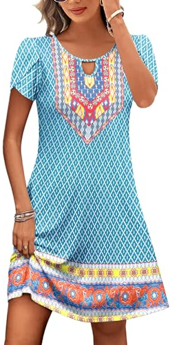 HOTOUCH Women's Blue Floral Dress Ethnic India Dress with Pockets Short Sleeve Summer Party Dress Summer Hawaiian Dresses X-Large