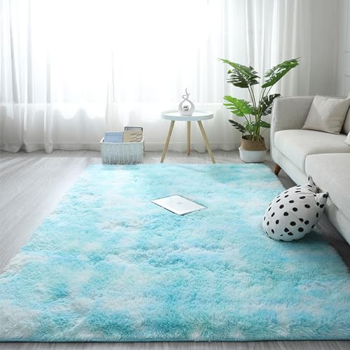 Lifup Hochflor Teppich Modern Batik Flauschig Weich Teppich Waschbarer Weiche Teppiche für Wohnzimmer Kinderzimmer Deko Schlafzimmer Hellblau gefärbt 120 x 160 cm