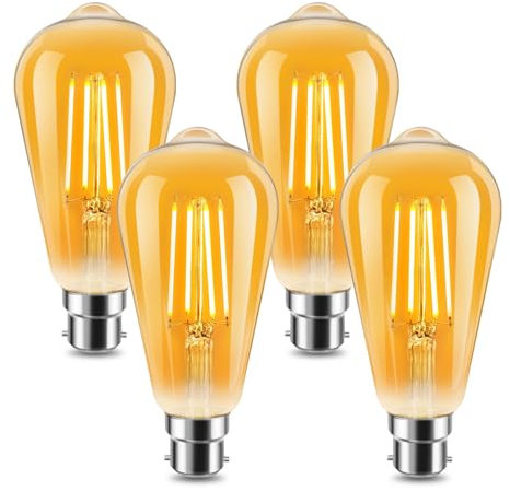 ILEEDear Bombilla LED, Bombillas LED B22 Luz Calida 2200K 500LM Vintage B22 Edison Bombillas, Decorativo Retro ST64 LED para el Hogar Bares Cocina, Bombillas Decorativas, No regulable, Juego de 4