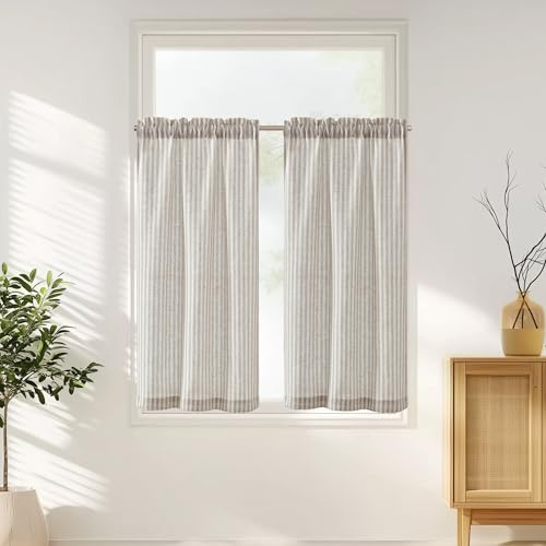TOPICK Kitchen Curtains, Striped Cafe Curtains, W26 xL45 Grey 2 Panels | Rod Pocket Linen Look Curtains, Light Filtering Privacy Drapes for Bathroom, Bedroom, Sink, Basement, Caravan, Cupboard