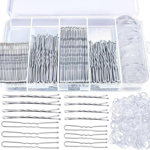 Teenitor 300pcs Silver Bobby Pins Hair Pins Kit, 100pcs Bobby Pins for Gray Hair 100 Hair Pins for Women for Buns, 100pcs Hair Bands, 2 2.36, 2 2.75