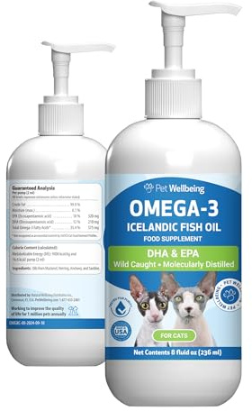 Pet Wellbeing Omega-3 Icelandic Fish Oil for Cats - Wild-Caught, Cold-Water Fish, Healthy Skin and Coat, Joint Health and Mobility, Fatty Acids, Anchovies, Sardines - EPA, DHA - 8 fl oz (236 ml)