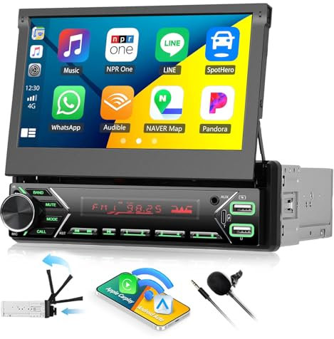 CAMECHO 1 DIN Wireless Carplay Android Auto, autorradio con Pantalla de Coche de 7 Pulgadas con Bluetooth Manos Libres Mirror Link FM 2 Puertos USB/Tipo-C/AUX-in+DBA