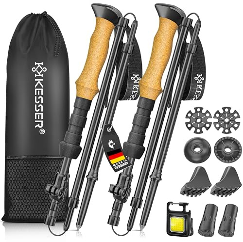 KESSER Bâtons de randonnée pliables en aluminium avec poignée en liège 115-135 cm pour homme et femme pour la randonnée, la marche nordique, le trekking, le ski et les sports de montagne