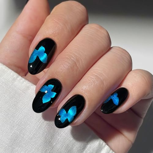 JMEOWIO Gel Nail Stickers Blue Butterfly Cat Eye Semi Cured Gel Nail Strips Wraps UV/LED Nails Art Design Decoration Accessories