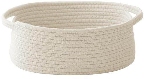 JMvicyroam Woven Basket,Small Rope Storage Bin with Handles & Ribbon Bag, Organizer for Shelves Closets,Gift Basket Empty for Birthday,Books,Dog Toys,White