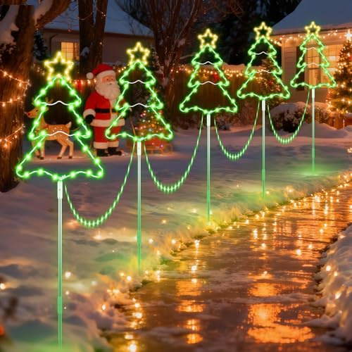 MaxEarn 5 Stück So Groß Weihnachtsbaum Lichterketten, 8 Modi 250LED Garten Leuchtstäbe Lichterbaum Beleuchtet, Wasserdicht Weihnachtsweg Marker Weihnachtssbeleuchtung Deko für Außen/Innen Weihnachten