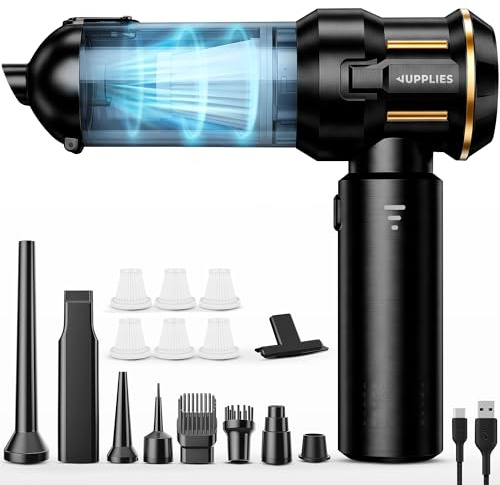 JUPPLIES Aspirador de Mano Inalámbrico Potente, 25000 PA, 3 Intensidades | 4 en 1: Succión, Soplado, Inflado, Vacío | 7 Accesorios, Motor Sin Escobillas | Mini Aspiradora Hogar Coche (Negro 6 filtros)