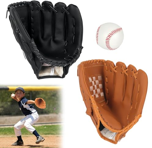 Inscrip Baseballhandskar, 2 stycken 30 cm (12,5 tum) softball handskar med en boll, PU-läder vuxen baseball träningshandske i PU-läder vuxen baseball träningshandske vänsterhänt basebollhandske