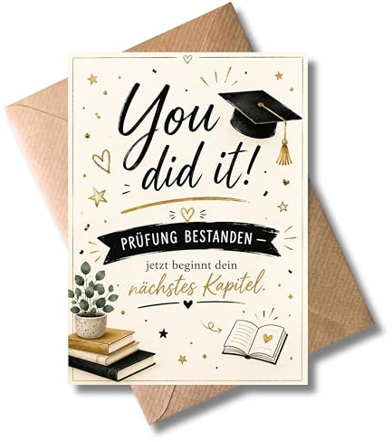 WBdesignz Jolie carte de félicitations pour l'obtention d'un diplôme avec enveloppe – You did it, test passé, maintenant un nouveau chapitre commence – diplôme scolaire (format A6)