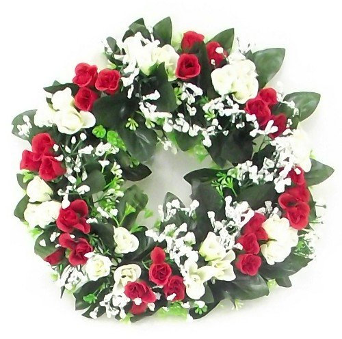 30cm Artificial Red & Ivory & Cream Rose Wreath / Candle ring for in or outdoors - Home Grave Wedding