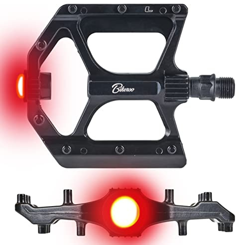 Bikeroo Black Light Up Mountain Bike Pedals w/Flashing LED Lights for Night Morning, MTB Platform w/Grip Pins, All Metal Construction, 9/16 Spindle