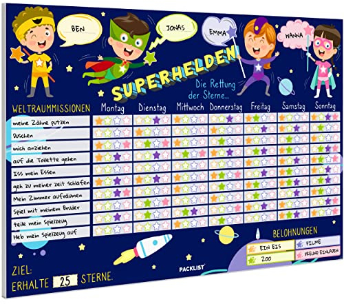 PACKLIST® Belohnungstafel für Kinder SUPERHELDEN auf Deutsch – Anpassbare Belohnungstafel Kinder ab 3-10. Belohnungssystem Kinder Zum Um Gutes Verhalten Zu Inspirieren, Erziehe im Positiven