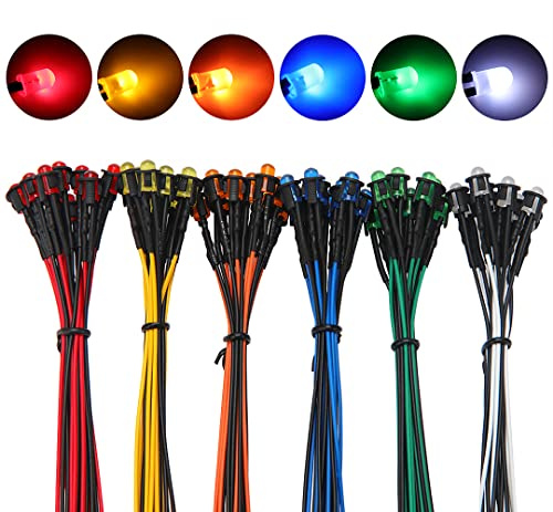 Lyeteung 60 Stycken 5mm 12V Förtrådda LED Dioder Ljus med Diffus Färgad Lins, Vit Röd Orange Gul Blå Grön, 20cm Förtrådda LED Lysdioder + 60 Stycken 5mm Plast LED Hållare