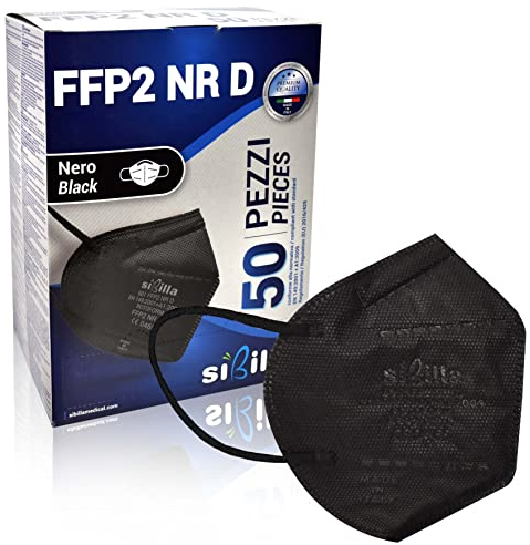 SIBILLA 50 Pièces Masque FFP2 Noir NR D avec Certifié CE0465, Masque Noir FFP2 à 5 Couche Haute Protection Respiratoire BFE≥99%, Masques Scellés et Emballés Individuellement
