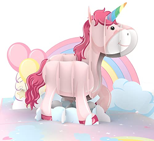 MOKIO® Biglietto Auguri Pop-Up – Unicorno rosa con Arcobaleno – Biglietto regalo 3D per un compleanno, Biglietto d'auguri con busta per ragazze