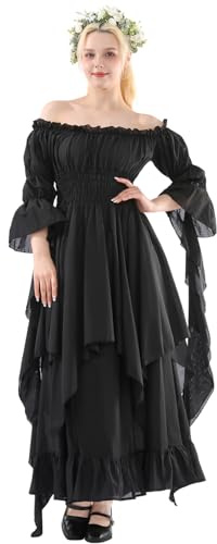 CR ROLECOS Women's Victorian Dress Puff Sleeve Off Shoulder Ruffle Plus Size Medieval Costume for Women Renaissance Dress Black XXL/3XL