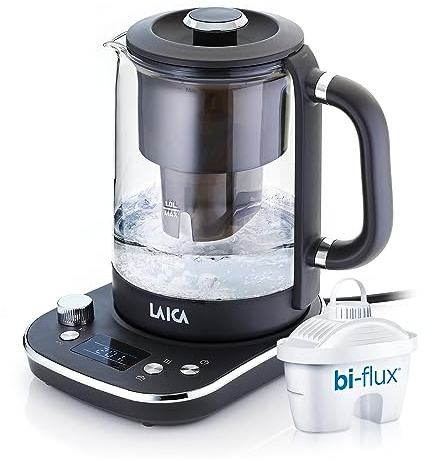 LAICA ISEO Bollitore Elettrico Filtro, Capacità 1,5L con Livelli di Temperatura Variabili + 1 Cartuccia Filtro Acqua Bi-flux® per Tè e Caffè, 2.5kw - Vetro, Nero