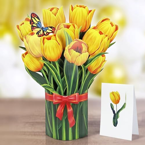 CUTPOPUP Bouquet di Tulipani Gialli - Biglietto Auguri Compleanno, Biglietto Festa della Mamma, 26x30cm 3D Biglietto Compleanno per Moglie, Mamma, Figlia, Lei, Ragazza (Yellow Tulip Bouquet) US8-73IT