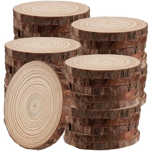 JIAYUET 40 PCS 9-10cm Wooden Log Slices, 3.5-4 Inch Natural Round Wood Discs, 1cm Thick Unfinished Wooden Circles for Craft DIY Decoration