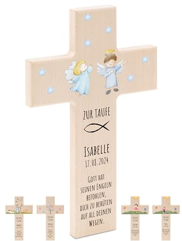 Bärenfreunde - Personalisiertes Taufkreuz mit hochwertigem Spezial-Druck aus massivem Buchenholz - Taufe Geschenk - Holzkreuz Taufe (2 Engel Sterne)