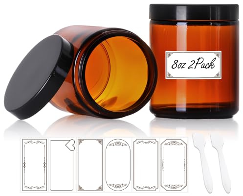 2 Pack 8 oz Amber Glass Jars with Lids – Small Cosmetic Containers with Inner Liners, Leak-Proof Travel Jars for Lotions, Scrubs, and Candle Making, Includes Labels & Spatulas