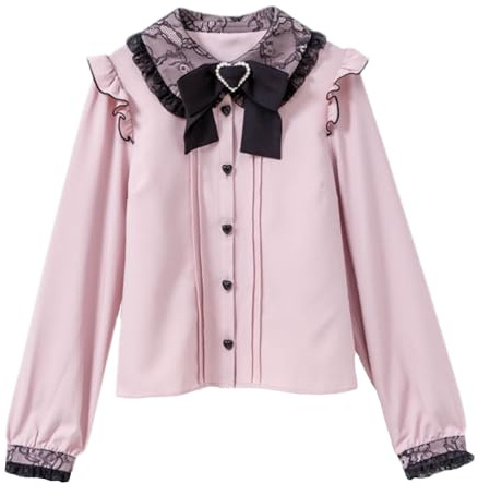Cuteighteen Lolita, camicetta vittoriana da donna con colletto alla Peter Pan, in pizzo, a maniche lunghe, stile gotico, kawaii, vintage, con volant e fiocco, Rosa, S