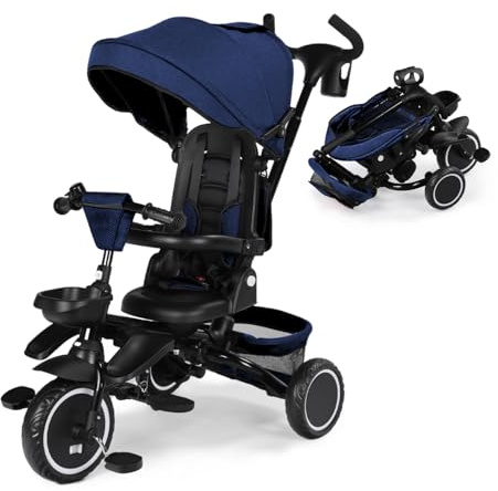 Kinder King Kids Tricycle, 8 in 1 Folding Toddler Trike w/Adjustable Push Handle, Rotatable Seat, Adjustable Canopy, Bell, Five-Point Harness, Storage, Bike Tricycle for Toddlers 1-3, Blue