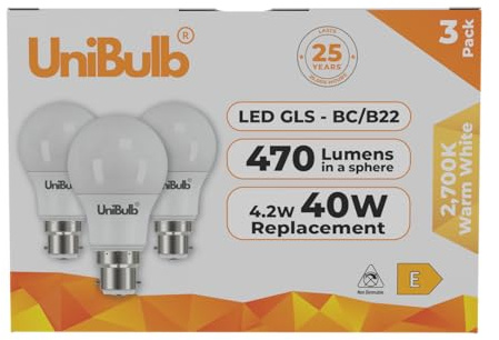 Unibulb BC B22 Bayonet LED Light Bulb, 470 Lumens, 2700K Warm White, Replaces 40W, Non-Dimmable, 25yr Lifespan, Pack of 3