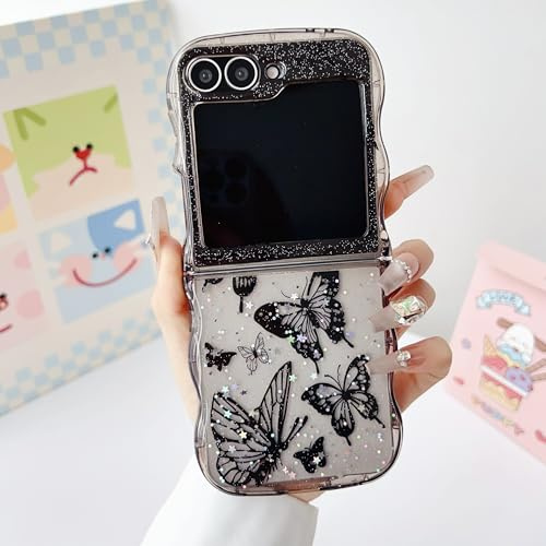 UEEBAI Wave Butterfly Case for Samsung Galaxy Z Flip 5/Z Flip 6/Z Flip 7 FE 5G Case, Pretty Bling Star Butterfly Cute Shiny Glitter Phone Cover Bling Clear Cover Curly Shockproof Girly - Black