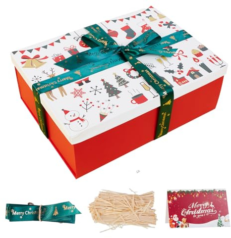 Large Christmas Boxes with Lids for Present,11.3x8.2x4.1In Christmas Boxes for Gifts with Card,Ribbon and Crinkle Paper (White & Red)