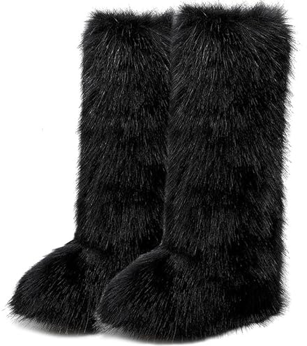 conmfotey Men Fur Boots Faux Fur Knee High Boots for Cold Weather Winter Warm Long Boot(black8.5)