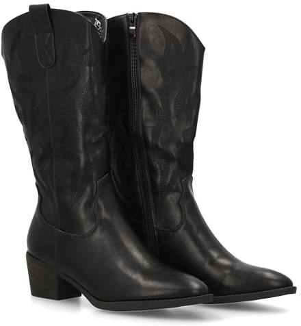 shoes&blues.es Bota Cowboy con Bordados Decorativos en la Cana y Tacon Ancho Comodo. Ideal para Mujer Otono Invierno.