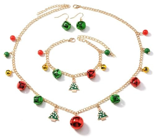 XFSRG Juego de Joyas Navidad Conjunto de Joyas para Mujer Cascabeles Festivos Collar Pendientes Pulsera Accesorios Navideños Aleación Adornos Brillantes Regalo (Árbol)