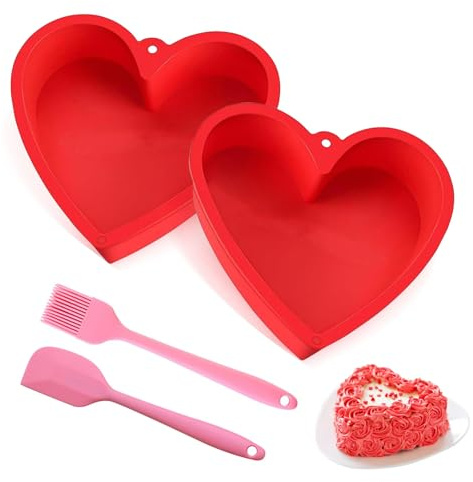 Hiuyavy Silicone Heart Shaped Cake Pans, 2 PCS 10 Inch Nonstick Red Cake Mould Heart Cake Pan Reusable Cake Baking Pans for Cake Cheesecake Chiffon
