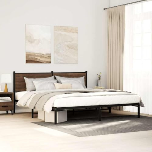 Bucmath Metallsäng brun ekutseende 193 x 203 cm, robust stålsängram med ribbotten, extra förvaringsutrymme, stabil plattformssäng för sovrumsmöbler