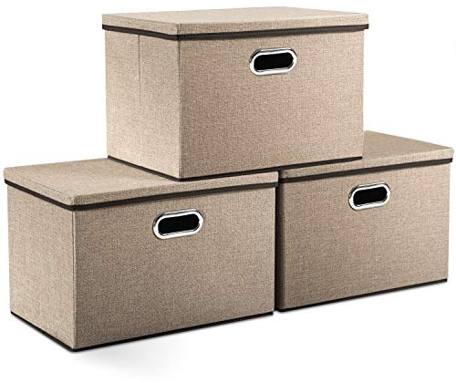 Prandom Contenitori pieghevoli in tessuto di iuta con coperchi per casa, camera da letto, armadio, ufficio, scuola materna (43 x 30 x 30 cm), grande Cachi(3 confezioni)