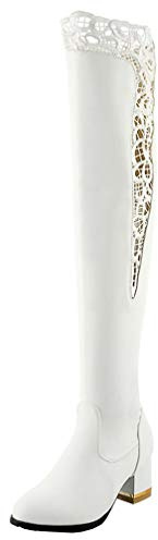 LOVOUO Mode Botte Cuissarde Femme Haute Dentelle Talon Carré Bloc Moyen Chunky Thigh High Warm Boots Chaussure Fermeture Eclair Hiver(Blanc,38)
