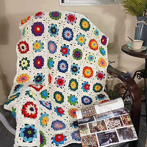 Handgjord mormor fyrkantig virkad filt tröja stil, virkat täcke, flerfärgad boho resa accent dekor överkast för soffa täcke bäddsoffa vilstol vardagsrum sovrum dekor 119 cm x 78 cm (vit)
