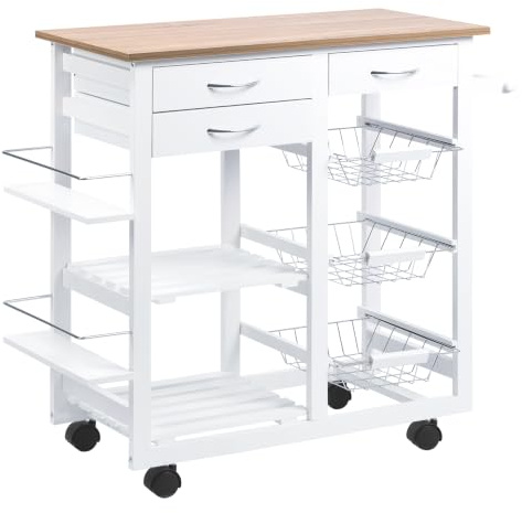 HOMCOM Carrito de Cocina con Cajones Cestas Toallero 92x37x82 cm Blanco | Carro de Almacenamiento, Estantes para Especias, Ruedas