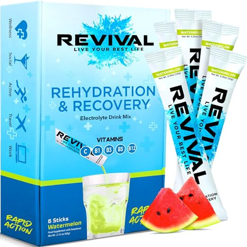 Revival Rapid Rehydration Electrolytes Powder | High Strength Sachet Drink | Plant Based Hydration Electrolytes Sachets with Vitamins B1, B3, B5 & B12 | Watermelon, 6 Pack