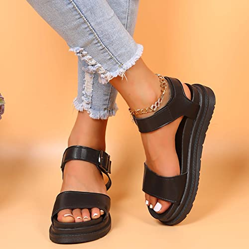 GLEYDY Sandales Femme été Décontractées Confortables Femmes Sandale Plateforme PU Cuir Antidérapant Poisson Bouche Sandales Plates Bout Ouvert Chaussures Plateforme,Noir,35