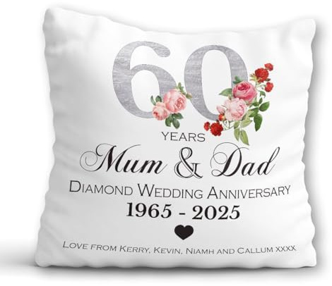 60th Wedding Anniversary Cushion - Personalised 60th Anniversary Present - 60 Years Marriage Anniversary Pillow with Custom Names - Diamond Wedding Gift Parents Grandparents Married Couple Keepsake