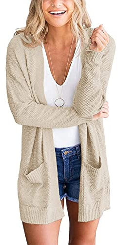 MEROKEETY Women's Long Sleeve Cardigan Sweaters Open Front Waffle Knit Cozy Sweater Coat with Pockets, Beige, Medium