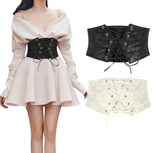 WERFORU 2 unids damas corsé Tied Waspie cinturón Halloween elástico ancho cinturón para vestidos, Negro y beige., Passend für Taillengröße 82-93cm
