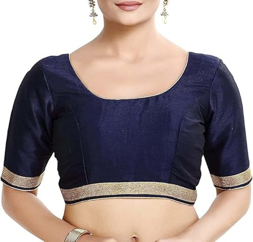 Fashnkart Indian Women's Silk Stitched Half Sleeve Saree Blouse Top Dupion Readymade Ethnic Tunic Sari Choli Round Neck Navy Blue